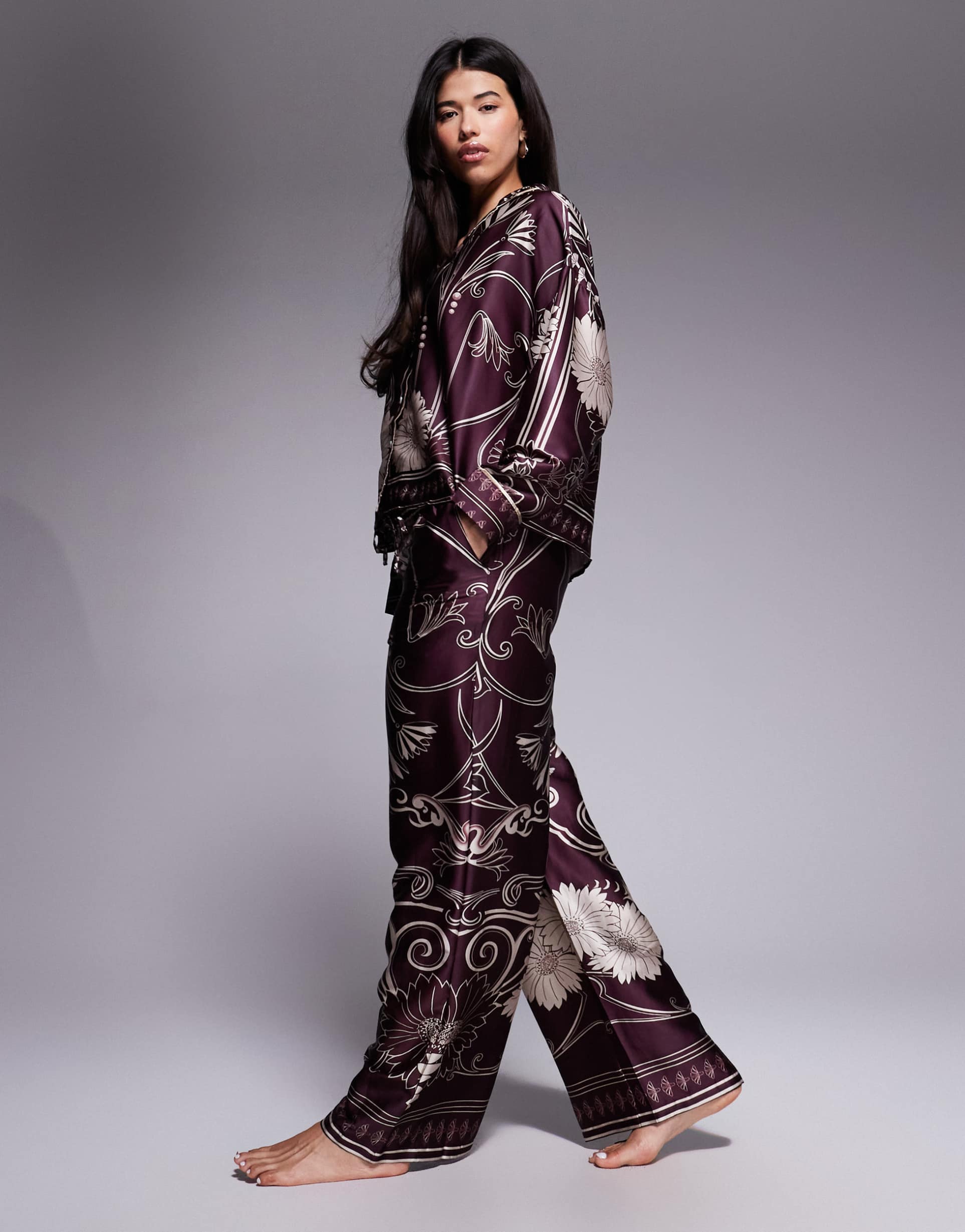 river island floral print satin pajama set in burgundy