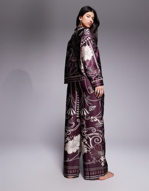 River Island floral print satin pajama set in burgundy