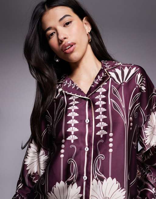 River Island floral print satin pajama set in burgundy