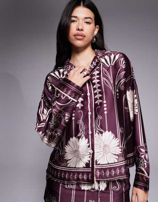 River Island floral print satin pajama set in burgundy