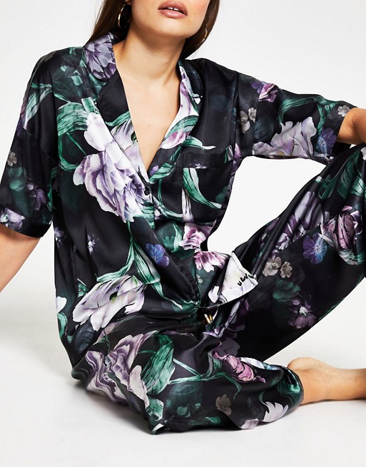 River Island floral print satin pyjama shirt co-ord in black