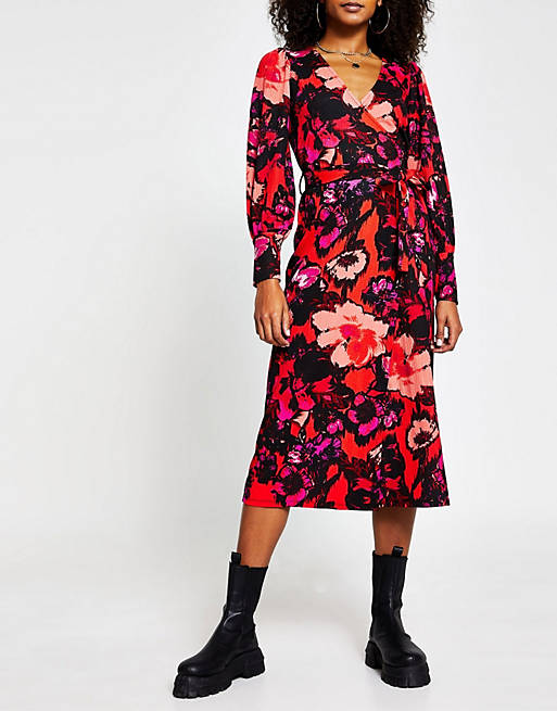 River Island floral print wrap midi dress in red