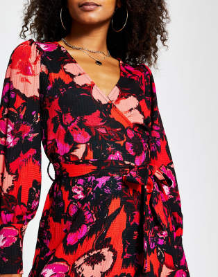 River Island floral print wrap midi dress in red | ASOS