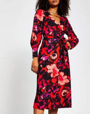 River Island floral print wrap midi dress in red | ASOS