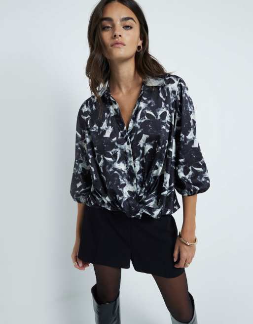River Island Floral print wrap shirt in black