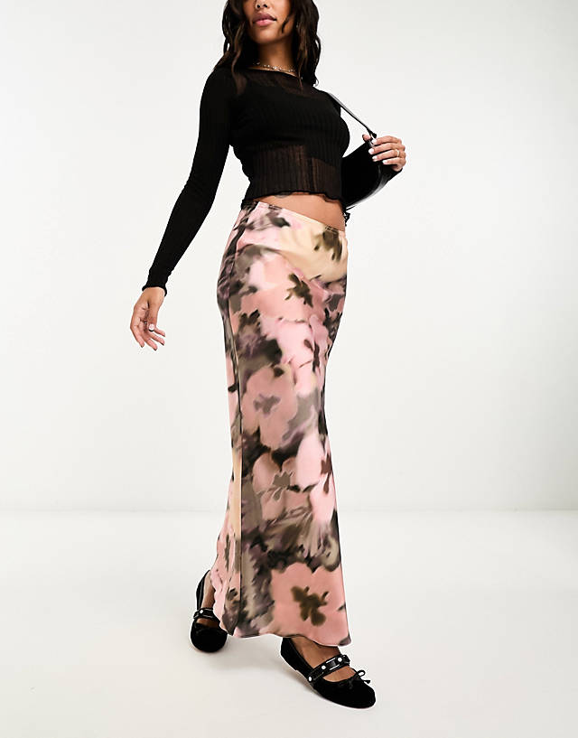 River Island - floral printed satin bias maxi skirt in black