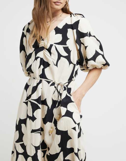 river island black floral midi dress River Island Floral puff sleeve shift midi dress in black