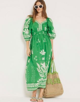 River Island Floral puff sleeve swing maxi dress in green