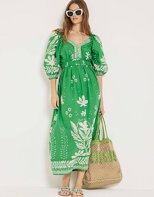 River Island Floral puff sleeve swing maxi dress in green | ASOS