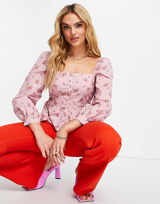 River Island floral puff sleeved top in pink