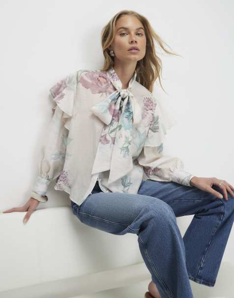 River Island Floral pussybow blouse in cream - view 1