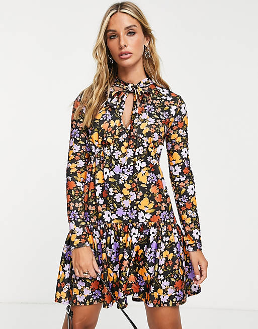 River Island floral pussybow smock mini dress in yellow
