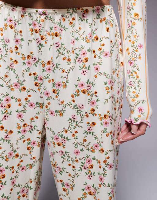 River Island floral ribbed pyjama set in cream ASOS