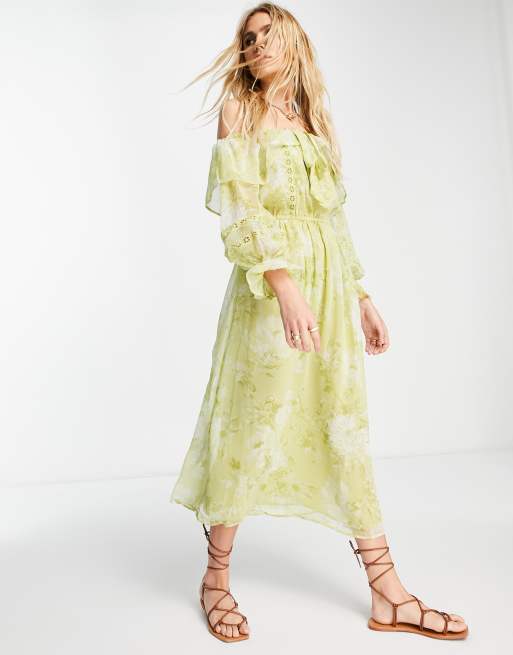 River Island Floral Ruffle Bardot Midi Dress In Green Asos