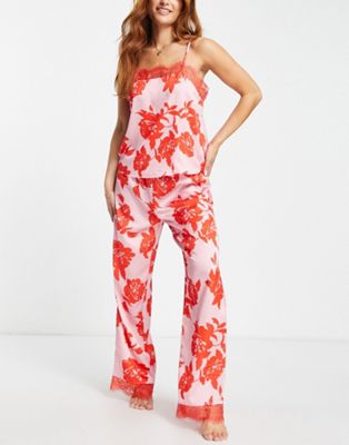 River Island floral satin and lace pyjama set in pink