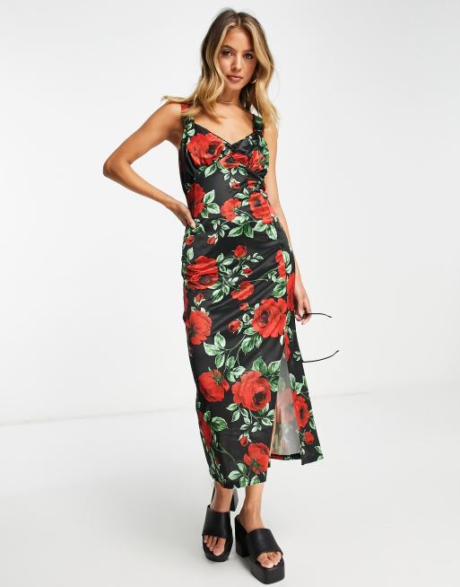 River Island floral satin cami midi slip dress in black | ASOS