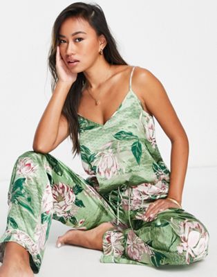 River Island floral satin cami pyjama top in green