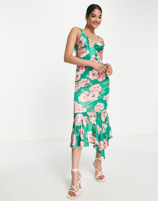 River Island floral satin cami slip midi dress in green | ASOS