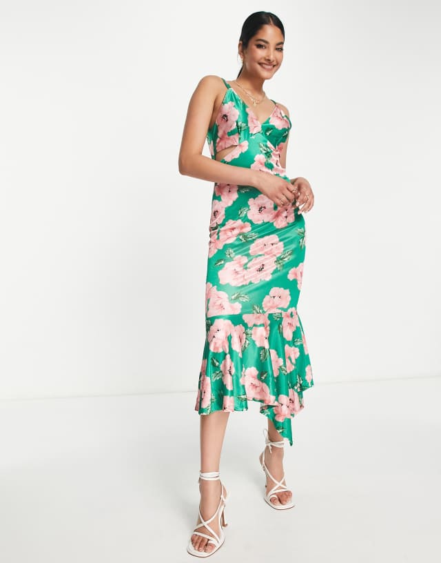 River Island - floral satin cami slip midi dress in green