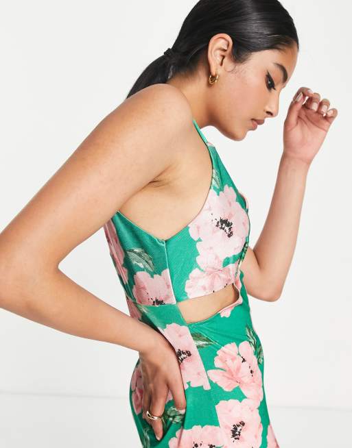 River Island floral satin cami slip midi dress in green | ASOS