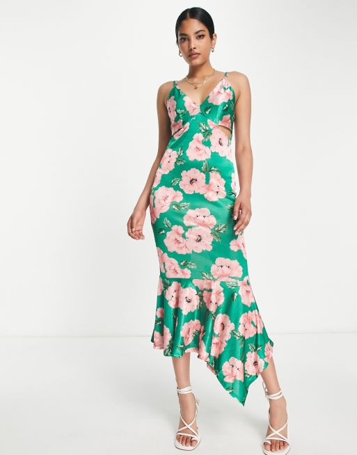 ASOS DESIGN mesh ruched bodycon bandeau flared hem midi dress in floral  print