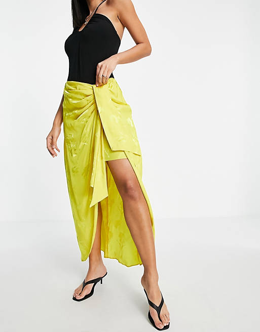 Women River Island floral satin jacquard knot front maxi skirt in yellow 