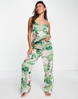 River Island floral satin pyjama trouser in green