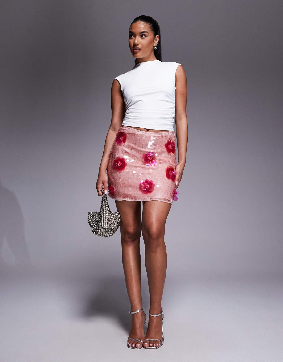 River Island floral sequin mini skirt in pink