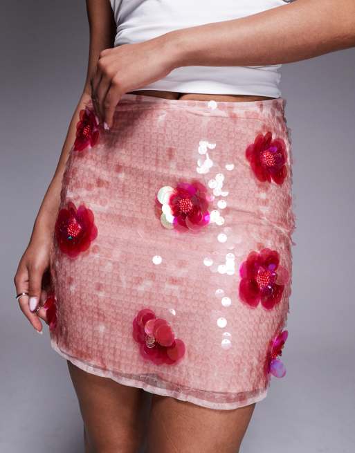 River Island floral sequin mini skirt in pink