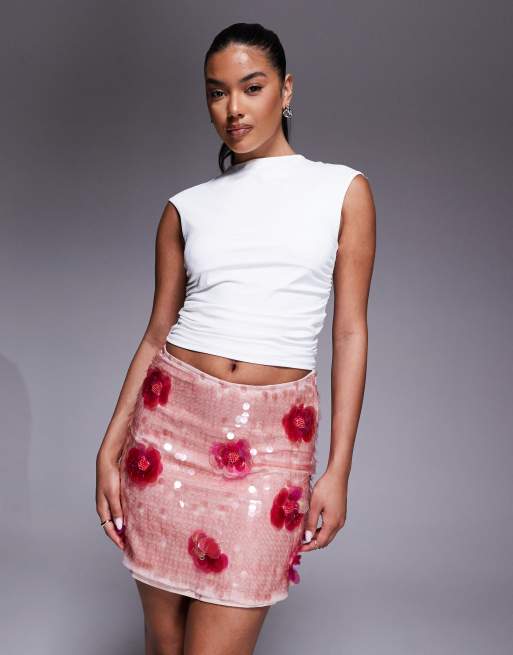 River Island floral sequin mini skirt in pink