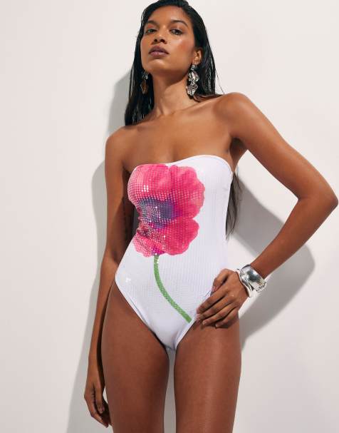 River Island Floral sequin swimsuit in white - view 1