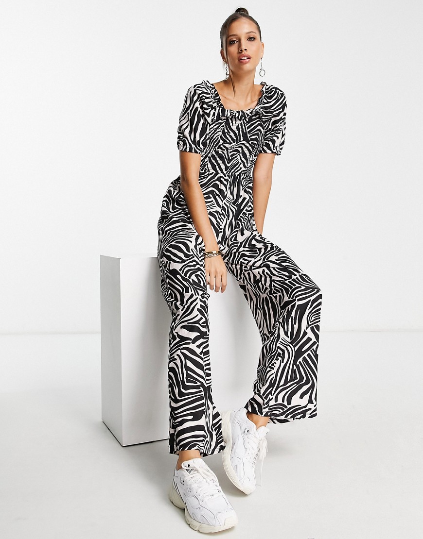 River Island floral shirred abstract jumpsuit in black