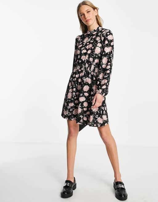 River Island floral shirred mini dress in black | ASOS