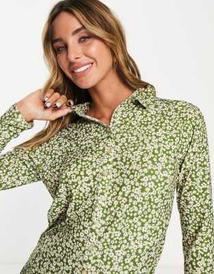 River Island floral shirt mini dress with flip hem in green | ASOS