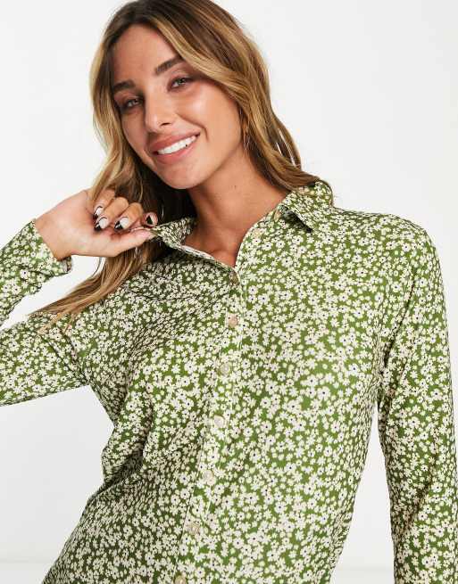 River Island floral shirt mini dress with flip hem in green