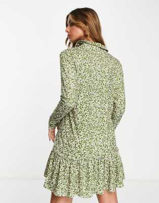 River Island floral shirt mini dress with flip hem in green | ASOS