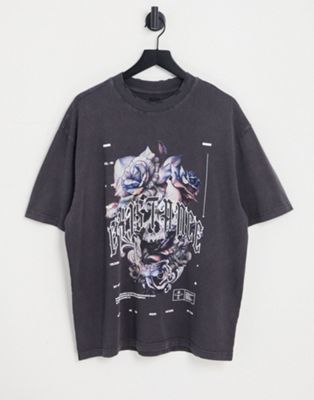 River Island floral skull t-shirt in grey