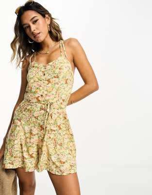 River Island floral strappy belted playsuit in cream - ASOS Price Checker