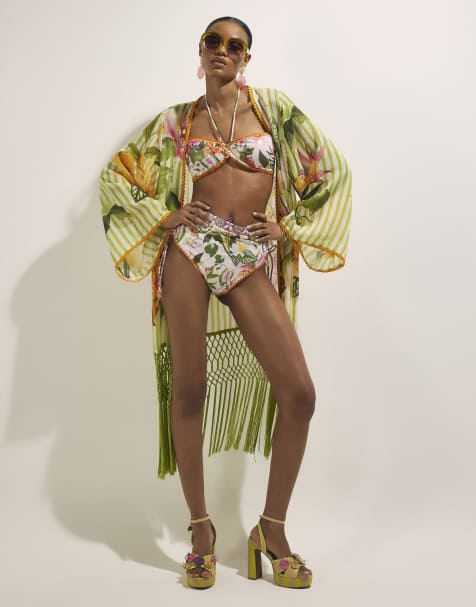 River Island Floral stripe fringed kimono in green - view 1