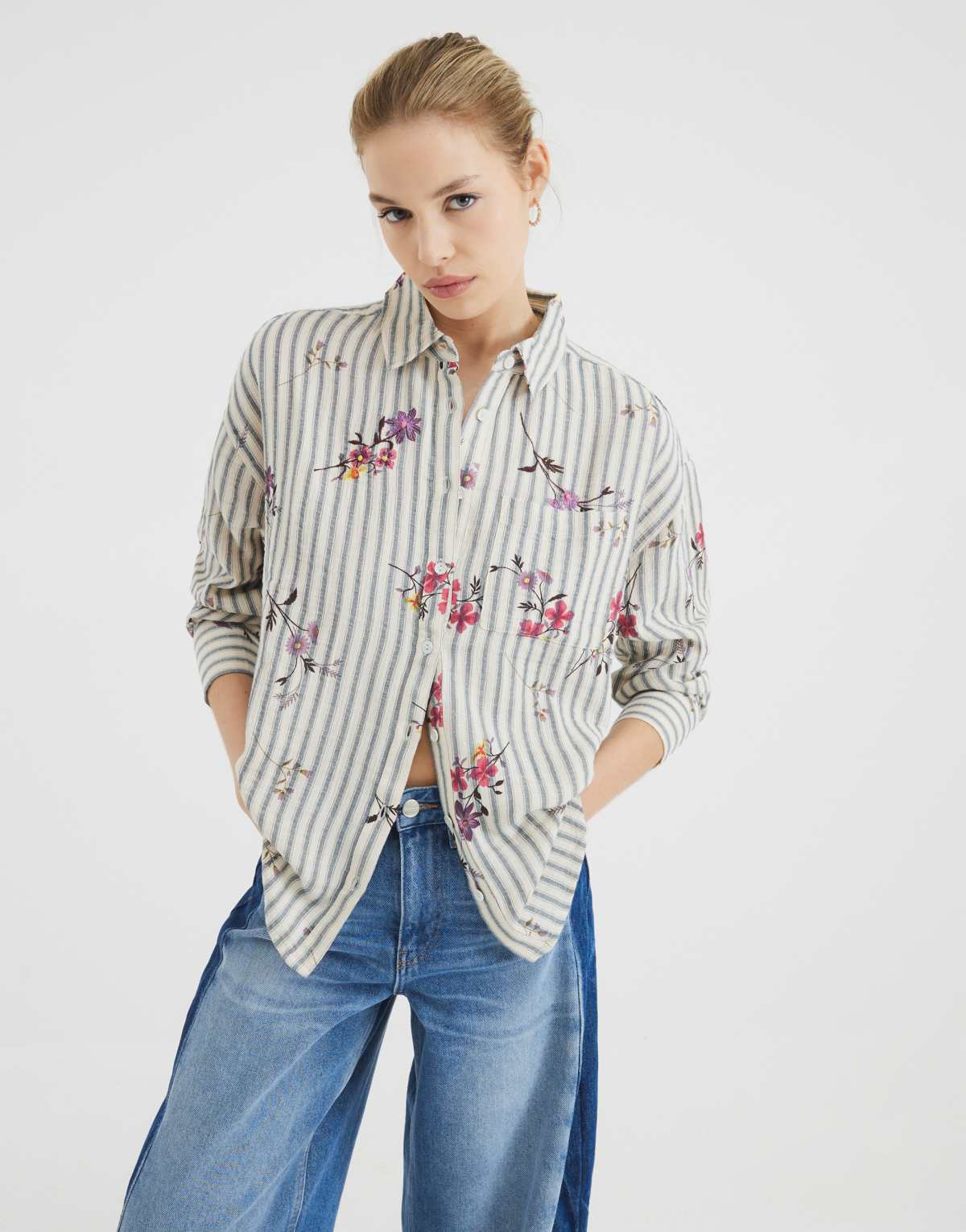 River Island floral stripe shirt co-ord in cream