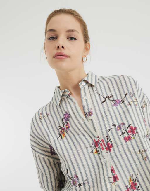 River Island floral stripe shirt co-ord in cream, 3 of 3
