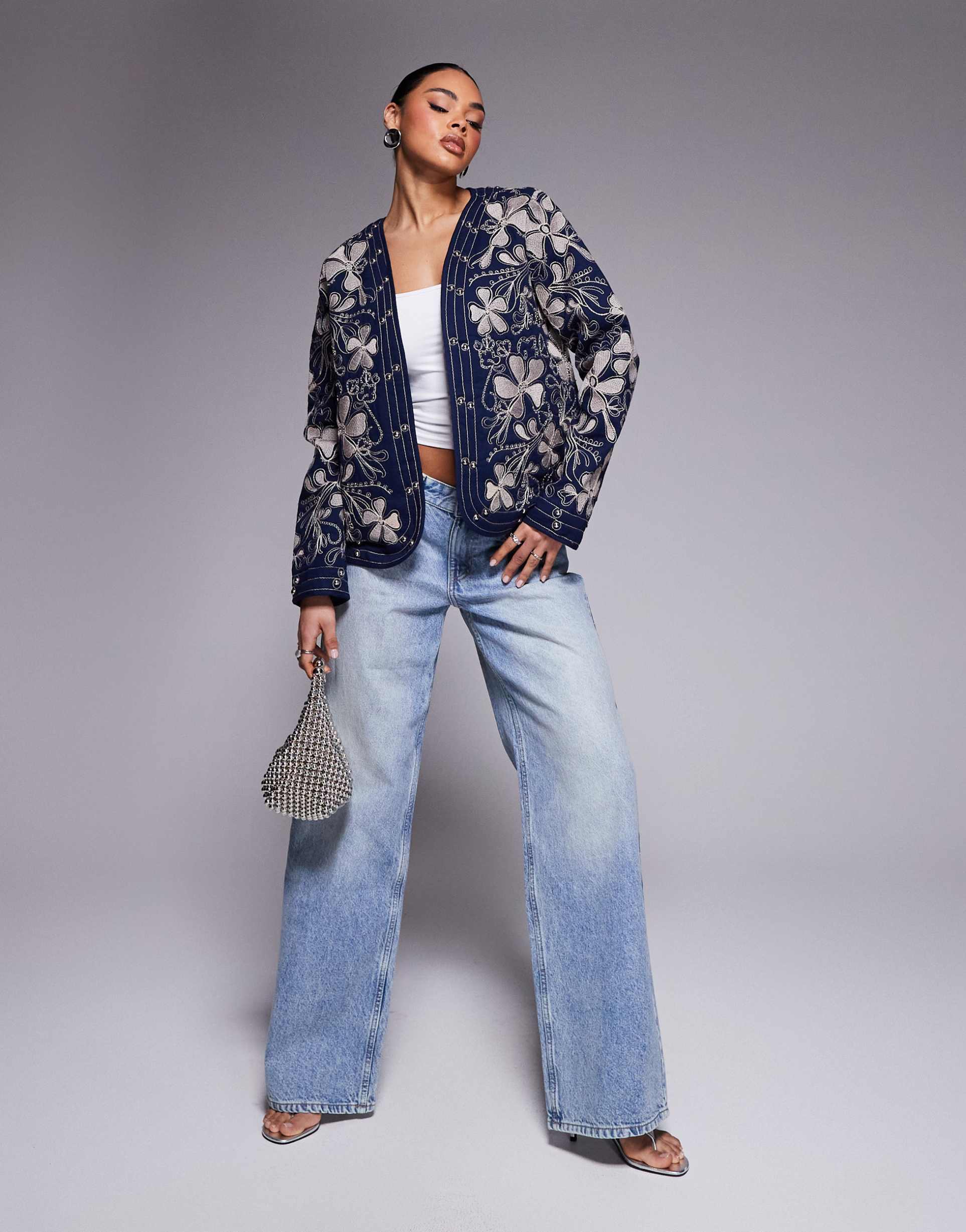 river island floral studded housecoat in navy