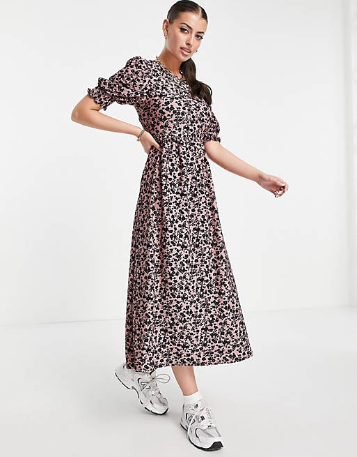 River Island floral tie back puff sleeve midi dress in pink