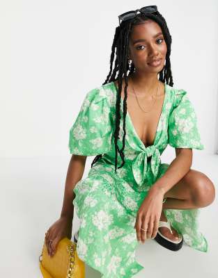 River Island floral tie front midi dress in green | ASOS