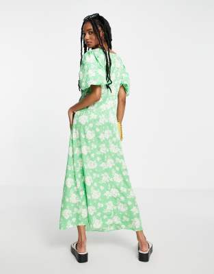 River Island floral tie front midi dress in green | ASOS