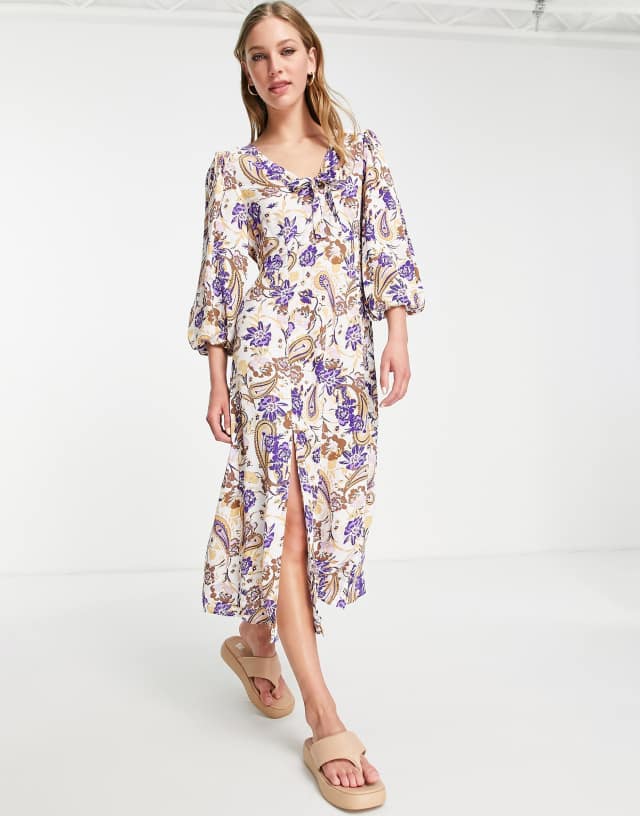 River Island floral tie front midi dress in purple