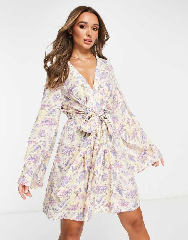 River Island floral tie front mini dress in light purple