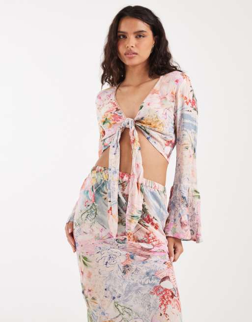 River Island floral tie front top and maxi skirt set in pink, 3 of 3