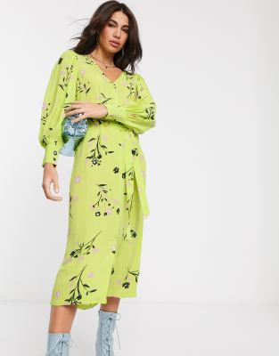 River Island floral tie waist midi dress in green