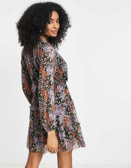 Black floral tiered dress sale